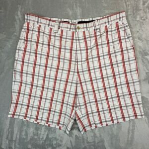 IZOD Shorts Mens 40 White Red PerformX Plaid Golf Performance Flat Front